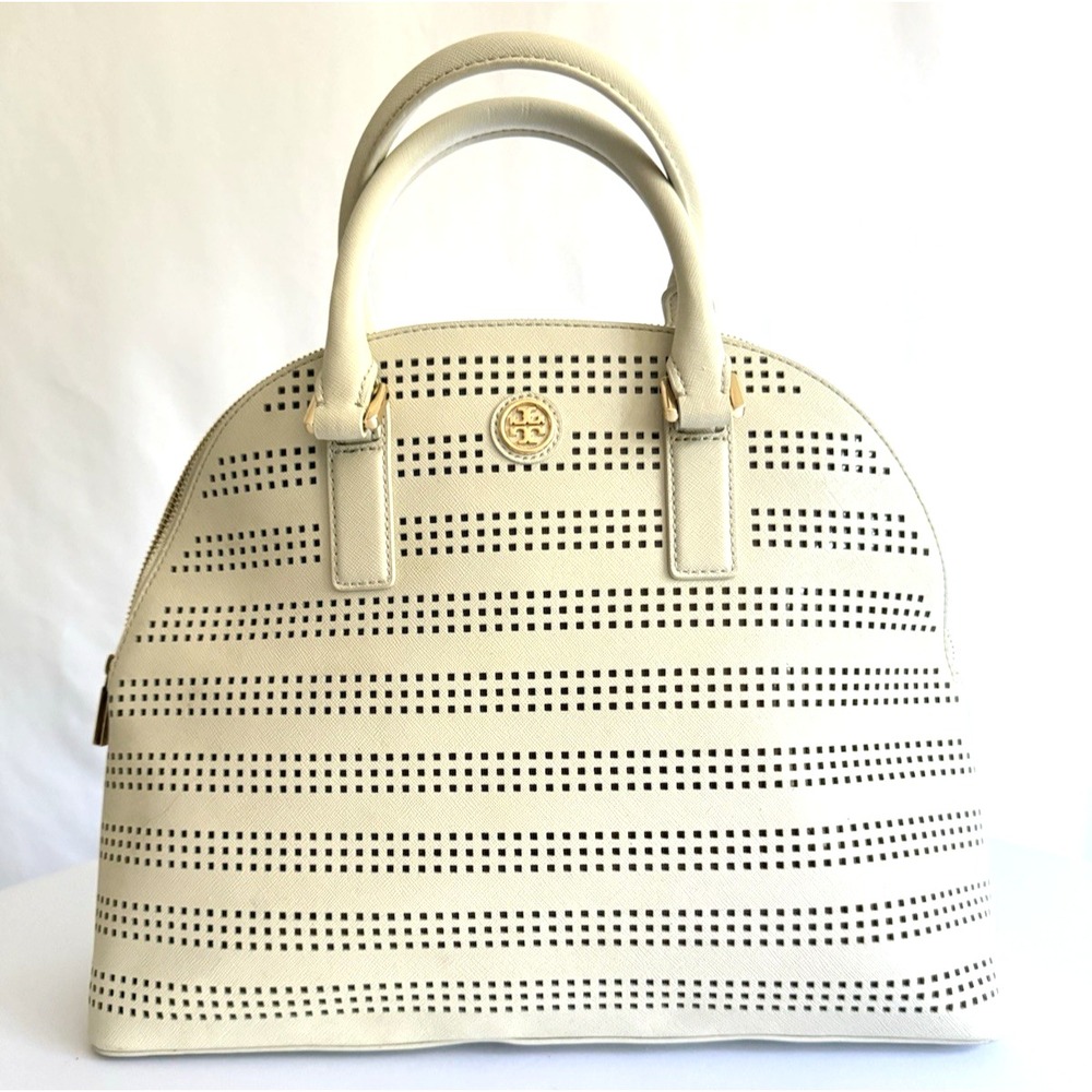 Tory Burch Robinson Perforated Dome Satchel Ivory Leather Handbag
